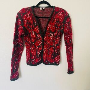 Sung Sport womans pure wool sweater size M red green thick button down old money